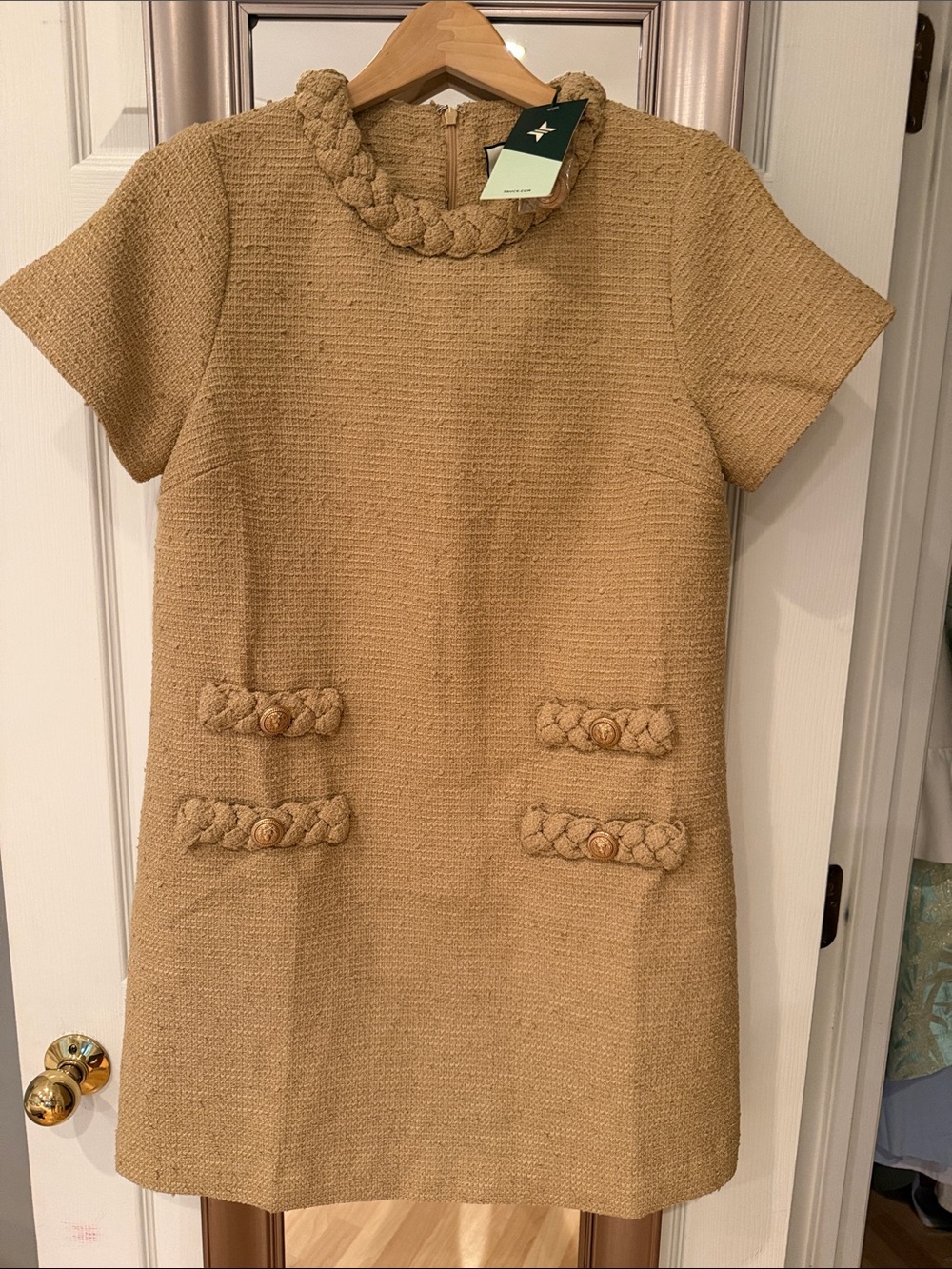 Tuckernuck Braided Trim Short-Sleeve Midi Dress in Tan. NEW WITH TAGS